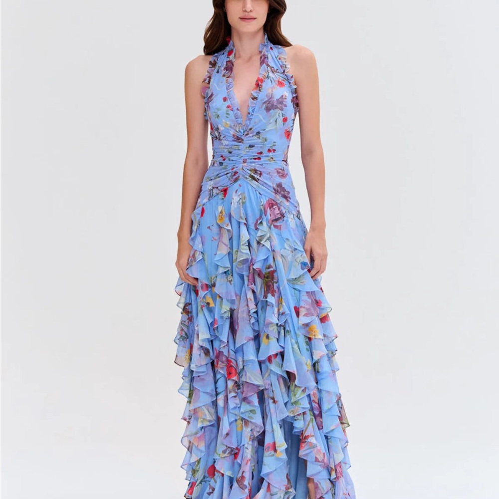 Floral Halter Neck Ruffle Dress